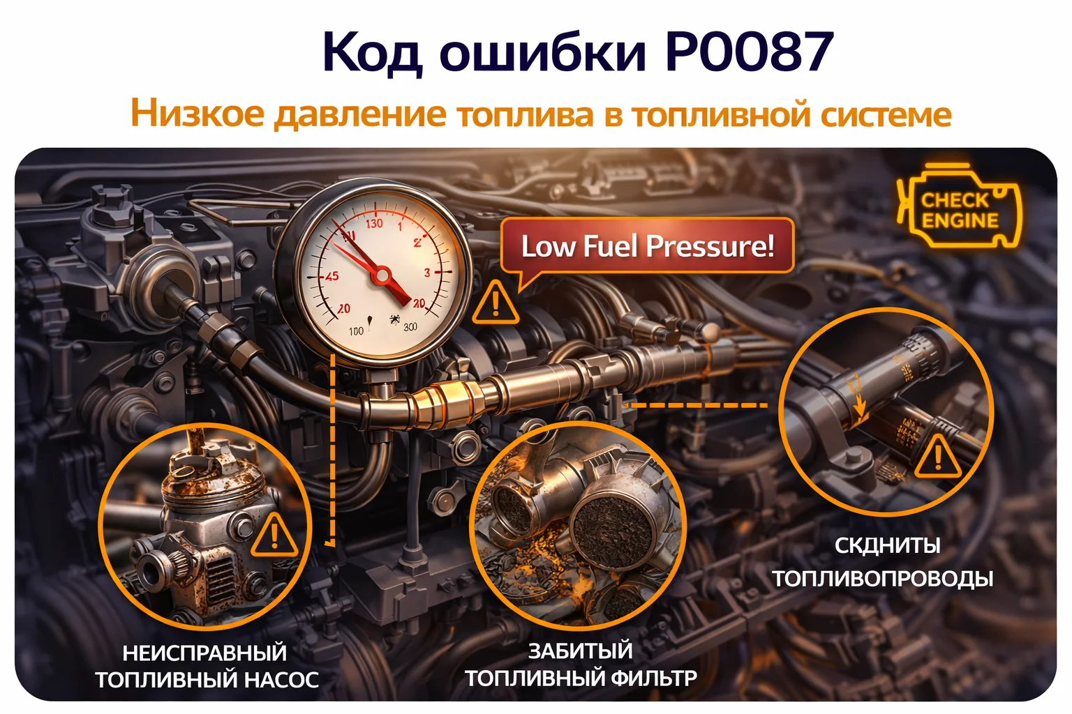 Ошибка P0087 — низкое давление топлива: что означает и чем опасна