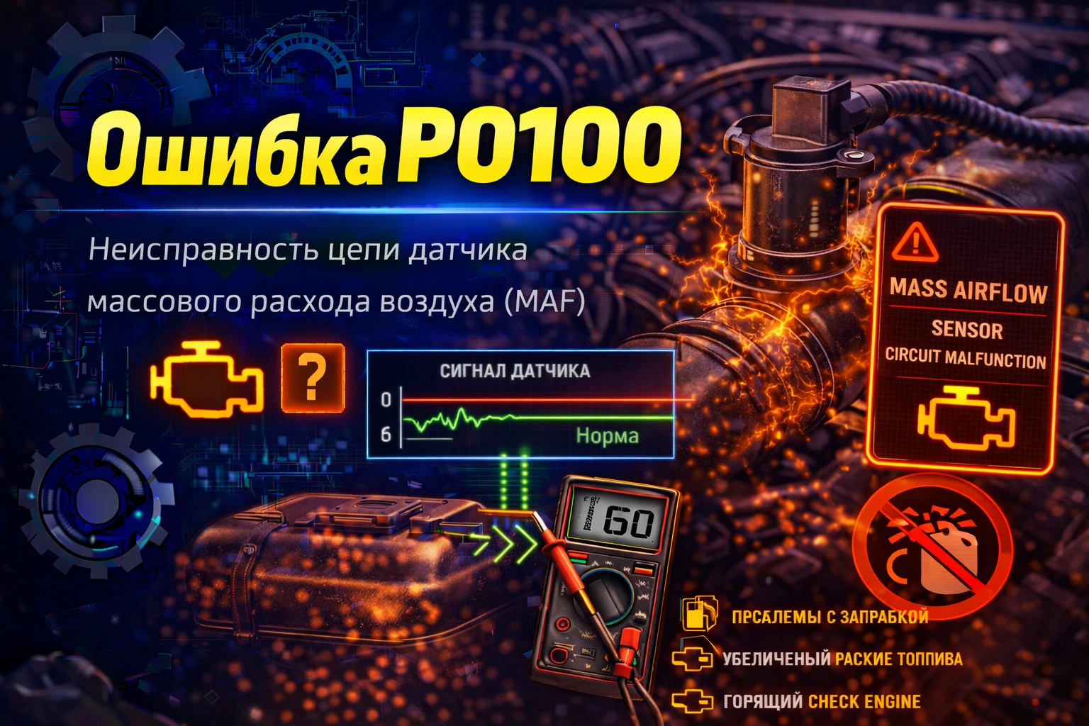 Ошибка P0100 — неисправность цепи датчика массового расхода воздуха: когда блок теряет доверие к базовому расчёту воздуха и мотор начинает ехать “на догадках”
