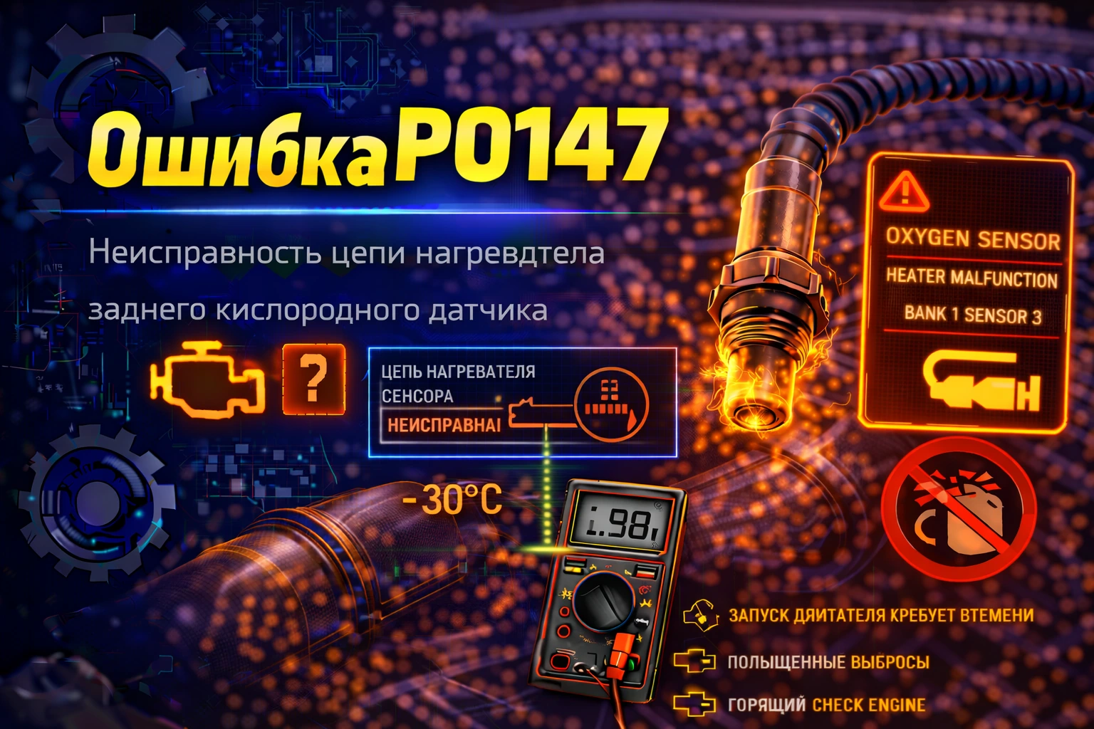 Ошибка P0147 — неисправность подогрева лямбда-зонда Bank 1 Sensor 3: когда редкий по расположению датчик ещё сильнее усложняет диагностику из-за своей цепи нагрева