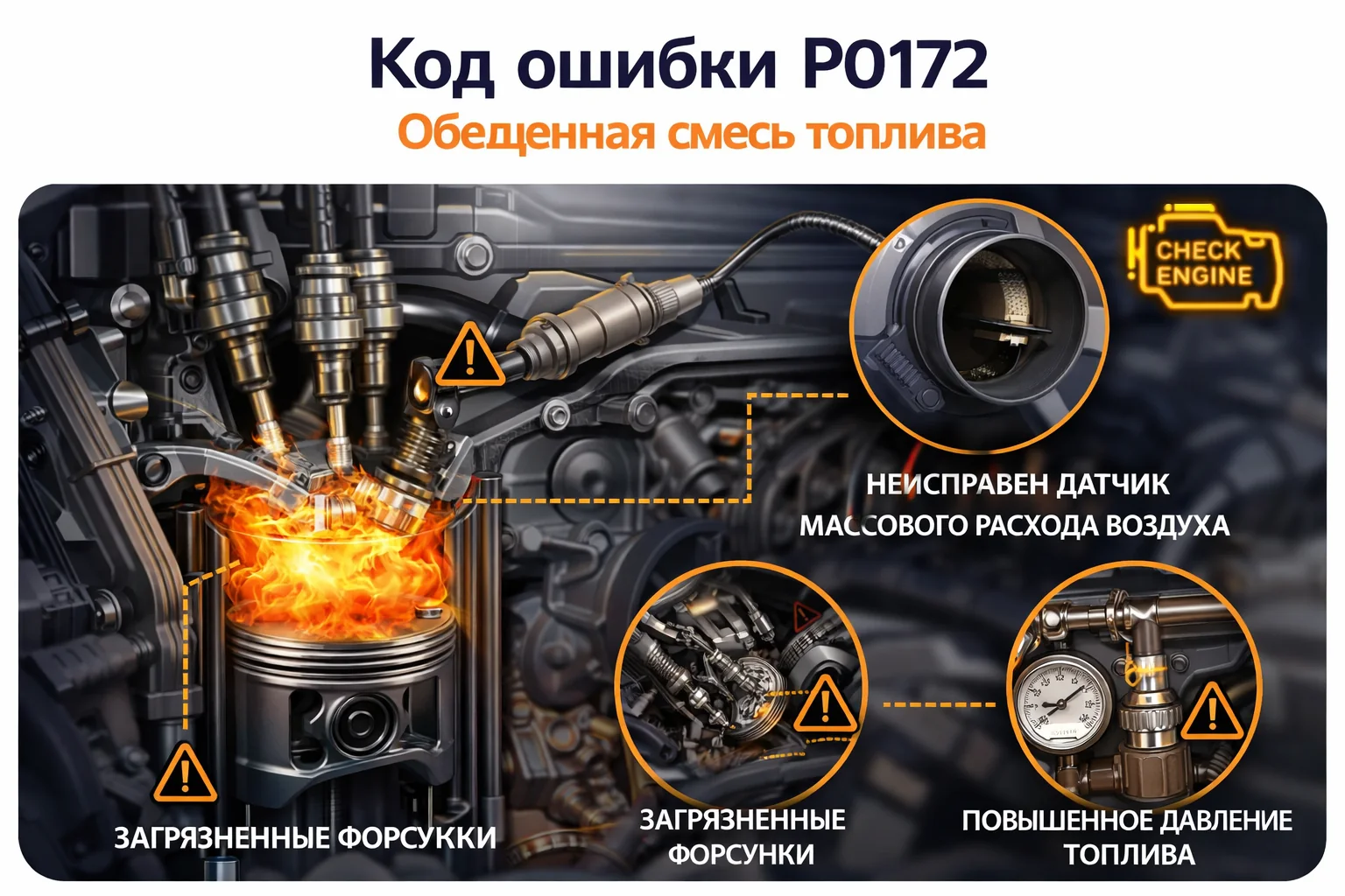 Ошибка P0172 — богатая смесь: причины, симптомы и что проверять
