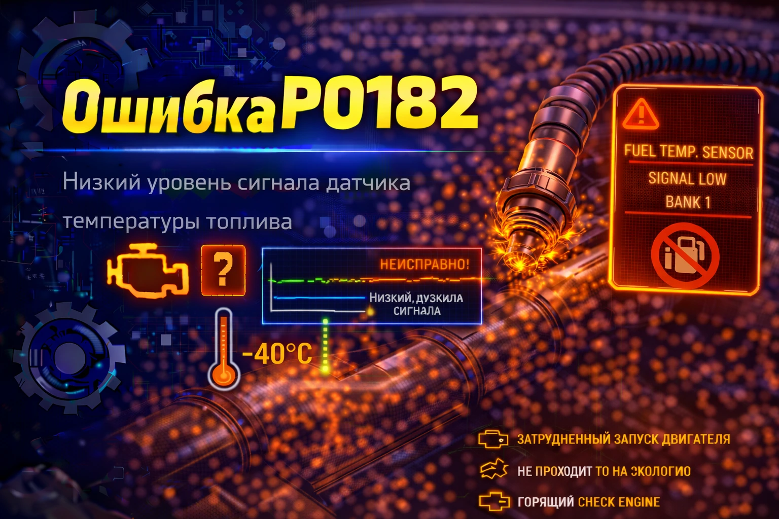 Ошибка P0182 — низкий сигнал датчика температуры топлива: когда блок начинает видеть слишком горячее топливо и уже пересматривает свою логику расчёта