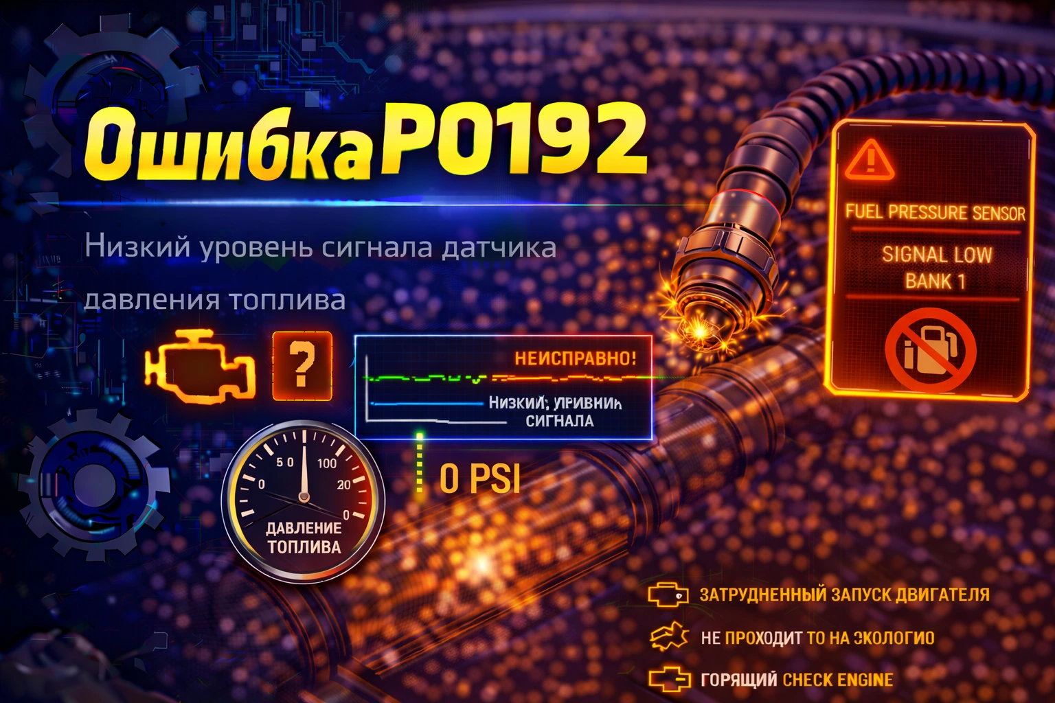 Ошибка P0192 — низкий сигнал датчика давления топлива: когда блок начинает видеть давление слишком низким и уже нервничает не без причины