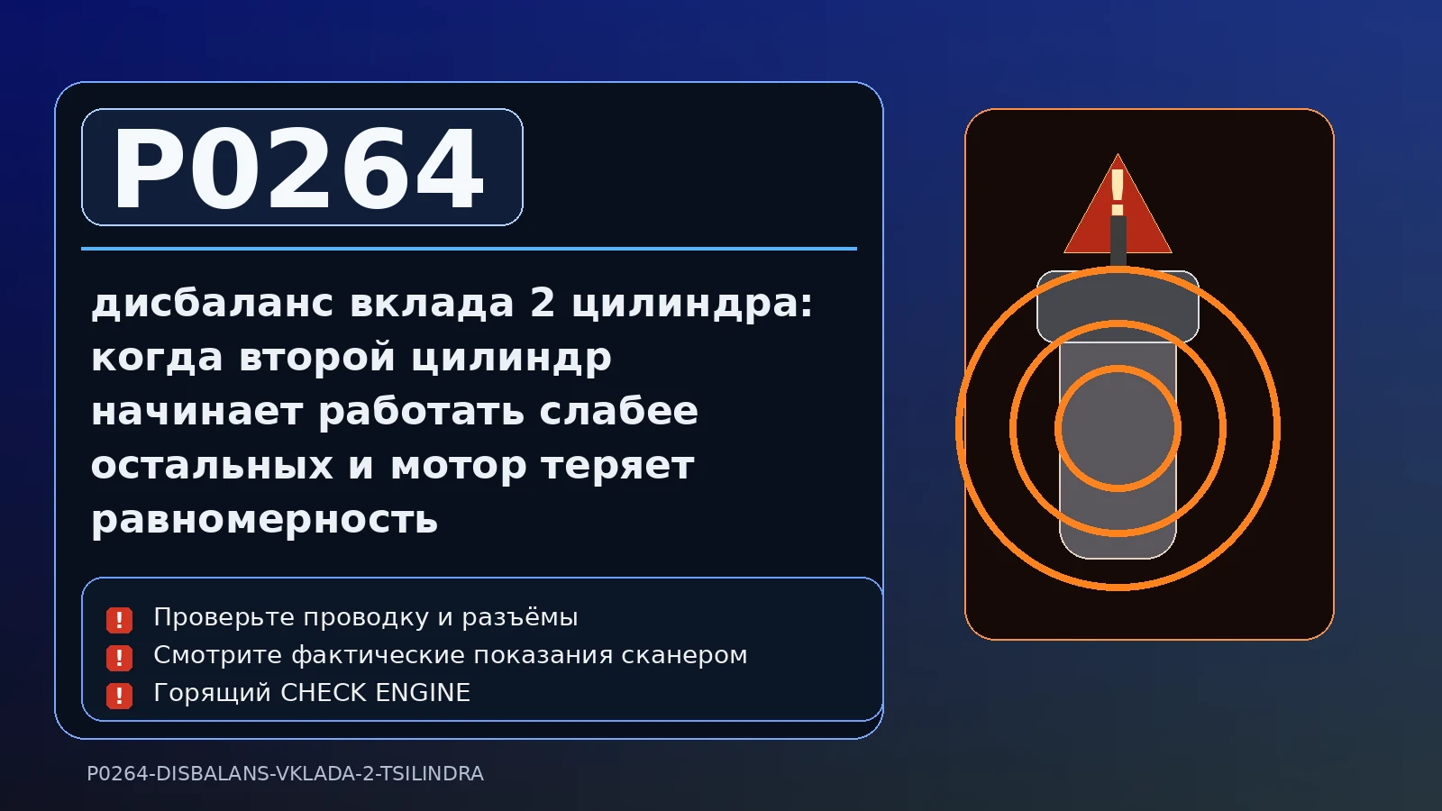 Ошибка P0264 — дисбаланс вклада 2 цилиндра: когда второй цилиндр начинает работать слабее остальных и мотор теряет равномерность