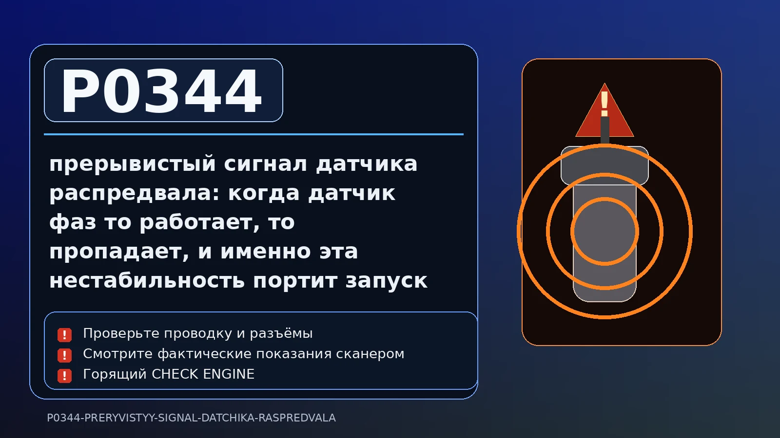 Ошибка P0344 — прерывистый сигнал датчика распредвала: когда датчик фаз то работает, то пропадает, и именно эта нестабильность портит запуск и синхронизацию