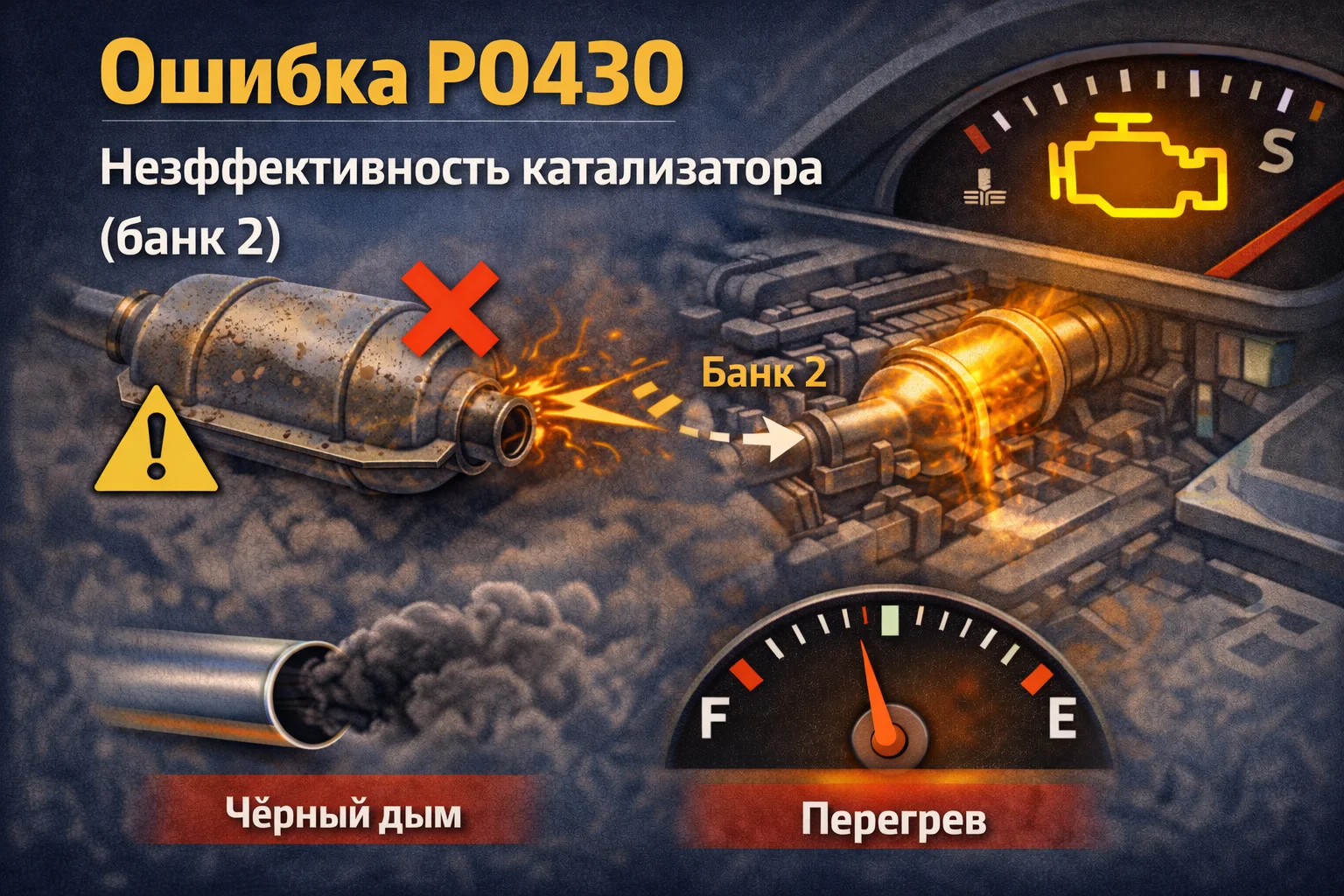 Ошибка P0430 — низкая эффективность катализатора во втором банке: чем она отличается от P0420