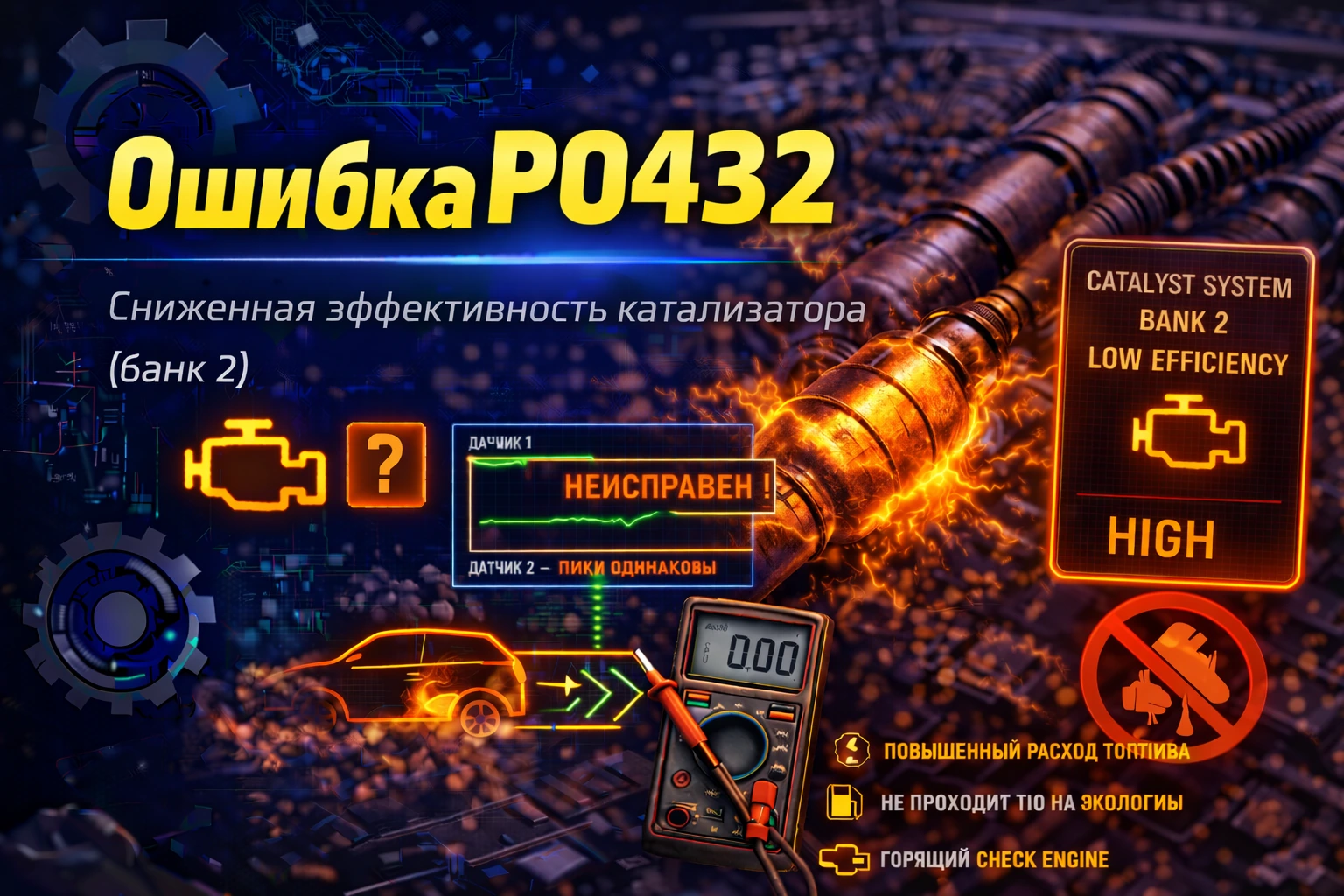 Ошибка P0432 — низкая эффективность основного катализатора Bank 2: когда вторая банка начинает показывать, что очистка выхлопа уже идёт хуже нормы