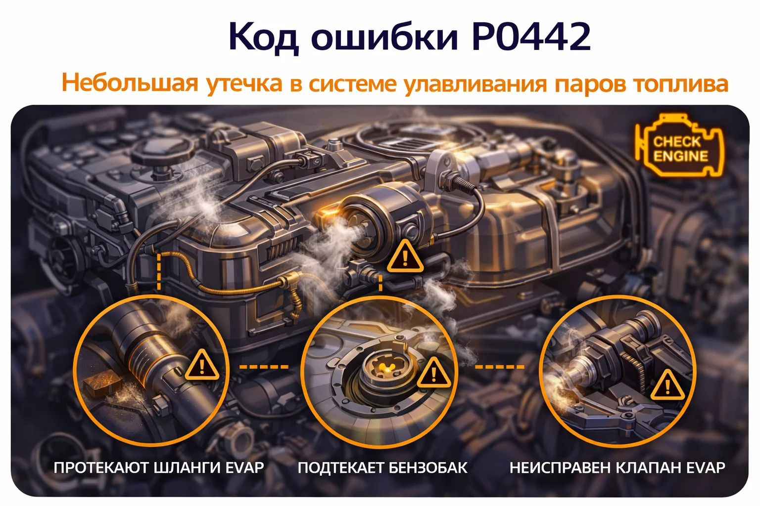 Ошибка P0442 — малая утечка EVAP: откуда берётся и что проверять