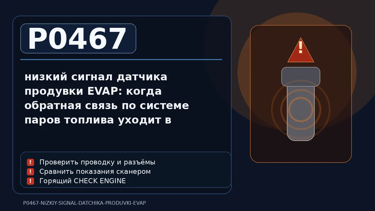 Ошибка P0467 — низкий сигнал датчика продувки EVAP: когда обратная связь по системе паров топлива уходит в слишком низкую зону и ЭБУ видит уже не норму, а явный перекос